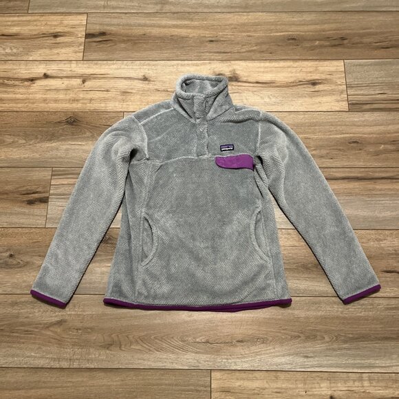 Women's Patagonia Snap T Fleece Jacket SZ Medium Gray Purple Pullover Logo - Picture 1 of 13